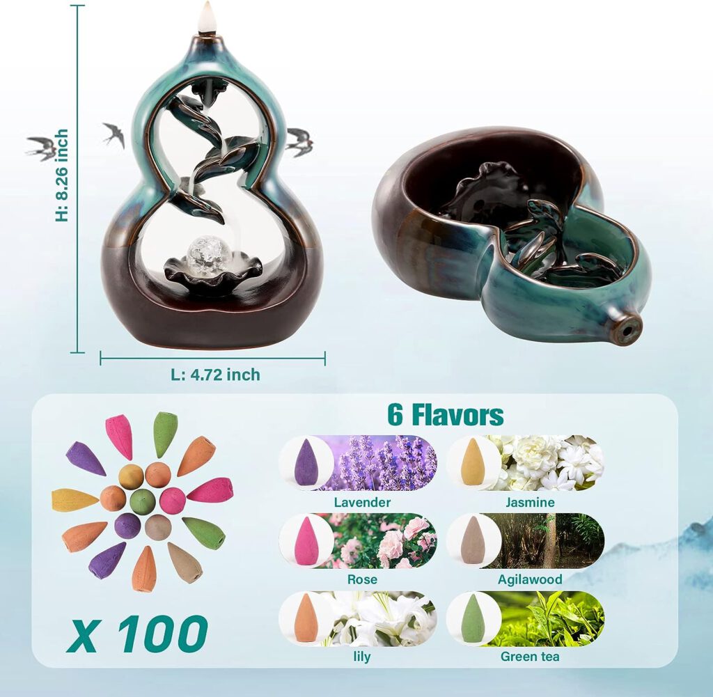 New Backflow Incense Burner, Waterfall Incense Burner, Ceramic Incense Holder with 100 Backflow Incense Cones, 40 Incense Sticks, Mat, Aromatherapy Aromatherapy Home Decor