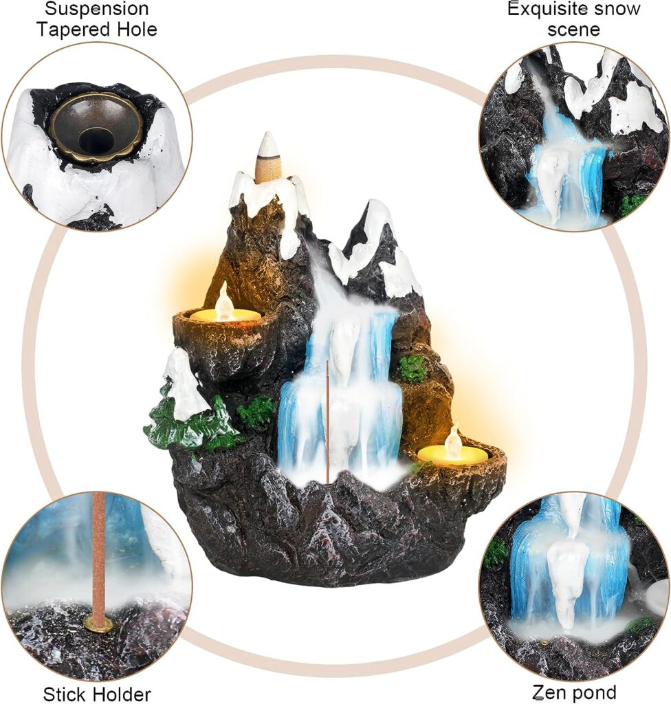 TryWaterfall Incense Burner - Zen Pond  Manogi Waterfall Design - Backflow  Cone Incense Burner for Relaxation  Home Décor - Smoke Fountain  Backflow Incense Holder with Tea Light Candle Slots