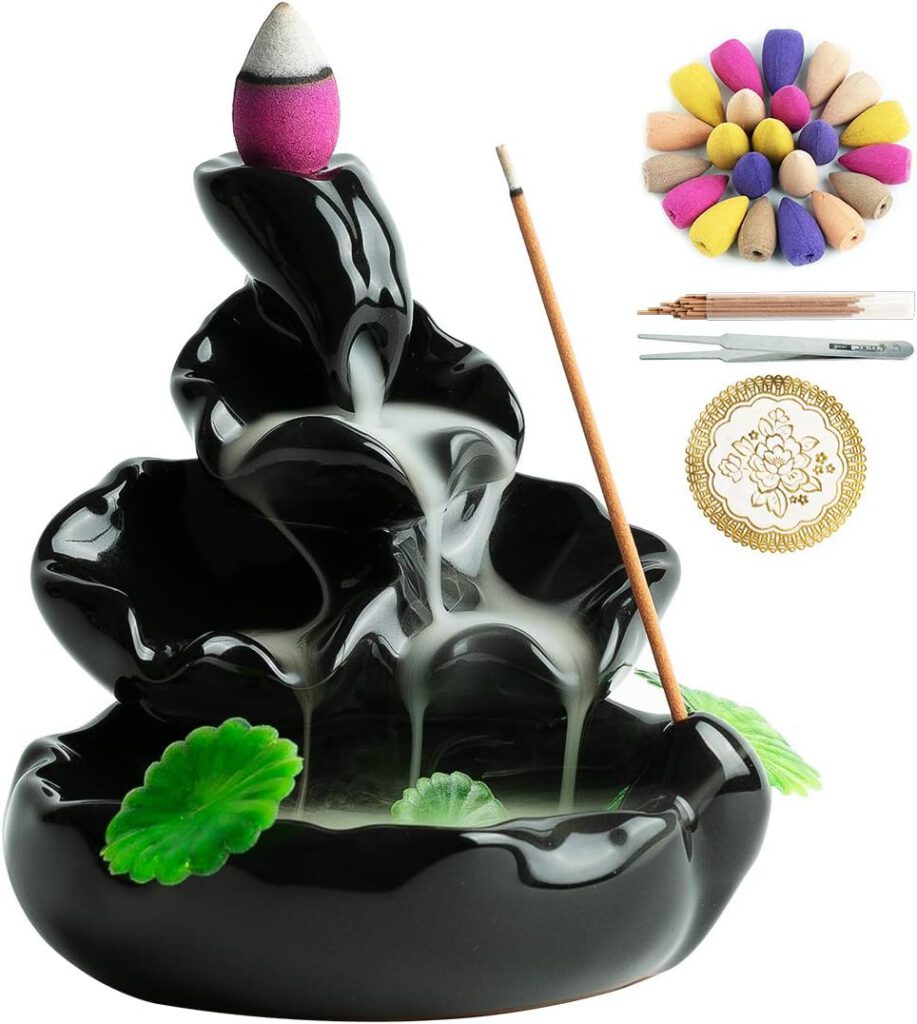VVMONE Ceramic Incense Holder with 100 Incense Cones + 30 Incense Stick, Waterfall Backflow Incense Burner, Aromatherapy Ornament, Zen Decor, Home Decor, Room Decor