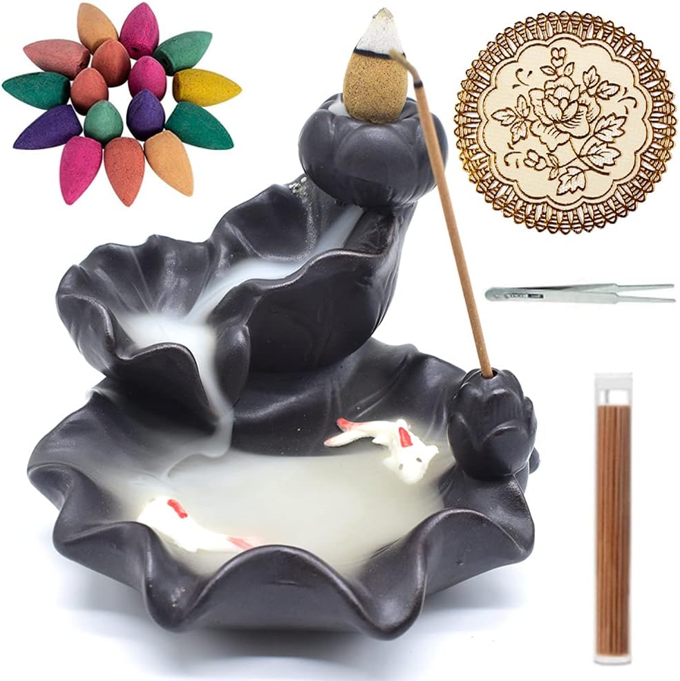 Ceramic Backflow Incense Holder Waterfall Incense Burner, Aromatherapy Ornament Home Decor with 30 Backflow Incense Cones + 50 Incense Stick
