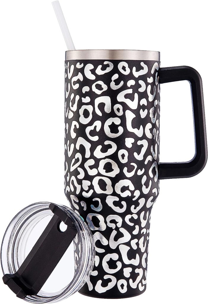 TINVSKQQKJ 40oz Leopard Print Tumbler with Handle,Insulated Stainless Steel Black Leopard Coffee Mug Cup for Car with Lid and Straw Double Wall Vacuum Travel Mug Tumbler for Office,Home,Party